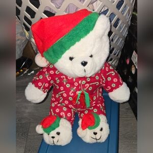 Vintage Holiday Teddy Bear with Teddy Bear Slippers